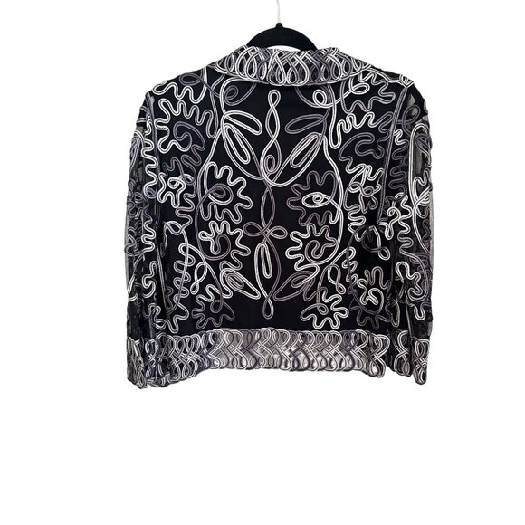 Womens Medium Black Silver Sheer Embroidered Open Front Jacket Shrug Wedding - Picture 3 of 7